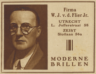 717263 Advertentie van de firma W.J. van de Flier, Opticien - Moderne Brillen, Lange Jufferstraat 58 te Utrecht en ...